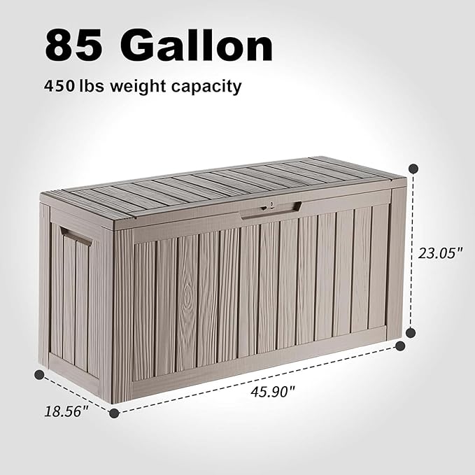 85 Gallon Outdoor Waterproof Resin Storage Deck Box Lockable Outside Bench UV Resistant Bin Patio Porch Furniture Pool Float Garden Tool Cushion Grey