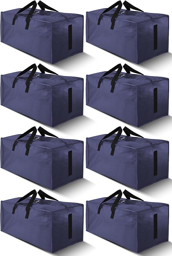 8 Pack Large Strong Moving Bags with Zippers & Carrying Handles - Water-Resistant - Heavy Duty Storage Tote for Space Saving, Fold Flat, Alternative to Moving Box (Blue)