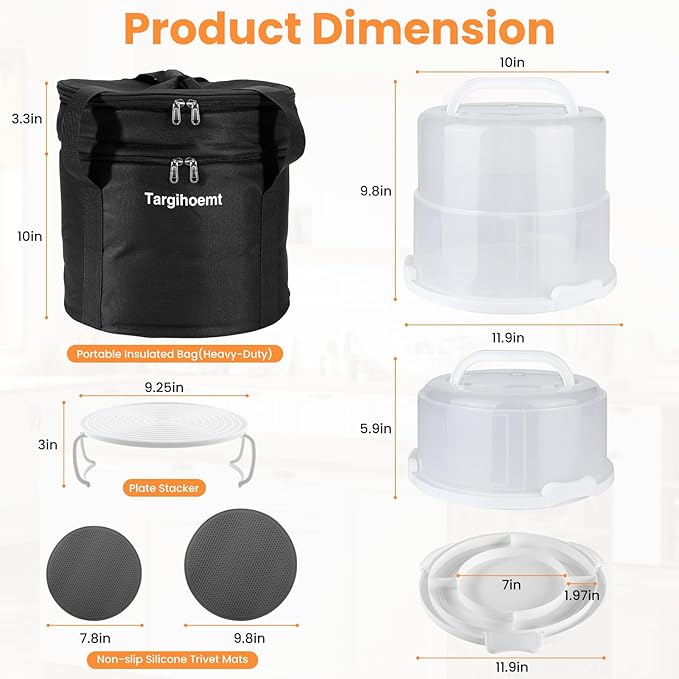 Foldable Cake Carrier with Portable Insulated Bag(Heavy-Duty), Plate Stacker and Non-slip Silicone Trivet Mats, Holds up to 8.5in High and 10in Round Cake or 2pcs 9in Pies