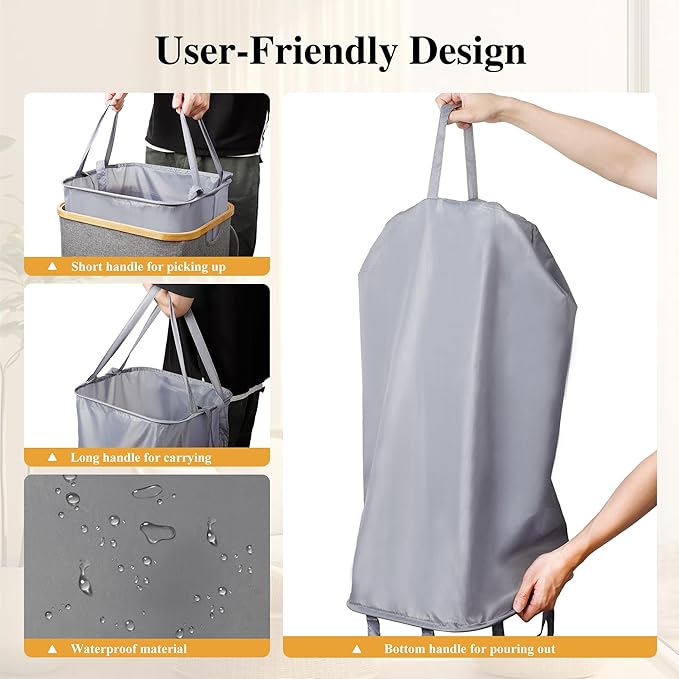 Large Laundry Hamper, 100L Waterproof Laundry Basket with Lid and Removable Bag, Collapsible Tall Clothes Hamper with Bamboo Handles for Clothes Toys in Dorm Bedroom Bathroom, Grey