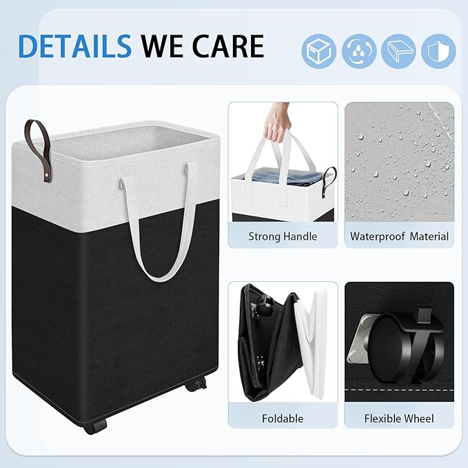 HomeHacks 75L Rolling Laundry Basket with Wheels, Collapsible & Waterproof Laundry Hamper, Mobile Clothes Hamper, Storage Laundry Bins with Handles for Laundry Room, Bedroom, Bathroom & Dorm, Black