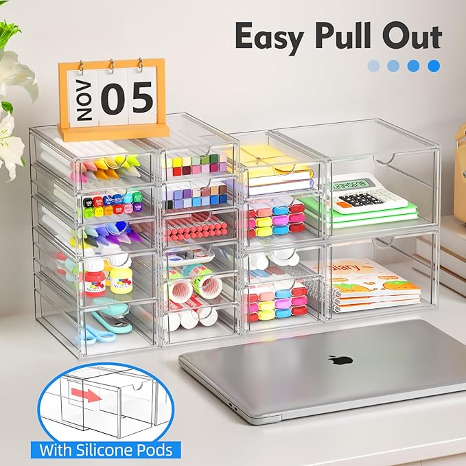 Makeup Acrylic Organizer with 17 Drawers(4 Sets), Desk Organizers and Accessories, Clear Makeup Organizer, Dustproof Storage Drawers for Office Art Craft Supplies