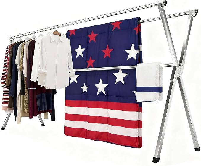 Clothes Drying Rack Folding Indoor Outdoor, Foldable Portable Laundry Drying Rack, Heavy Duty Laundry Hanger Dryer Rack with 20 Hooks (79.55'')