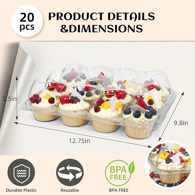 12 Count x 20 Sets Plastic Cupcake Containers, Durable and BPA-Free Cupcake Holder with Lid for Easy Transport Storage, Stackable Clear Cupcake Carriers, Reusable Dessert Boxes