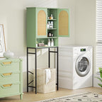 Rattan Toilet Storage Cabinet, Over The Rack Wood Cabinet with Metal Stand, Bathroom Organizer with Adjustable Shelf, Space Saving Cupboard for Small Bathrooms, Washer Shelf, Green
