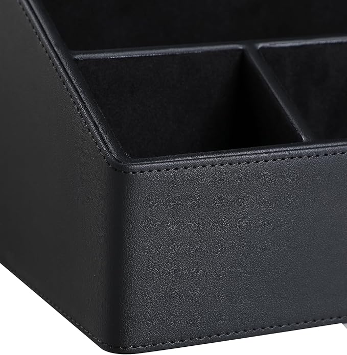 PU Leather Desk Organizer, Luxury Remote Control Holder for Home, Office Desk Accessories Table Caddy Bedside Nightstand Organizer (Black)