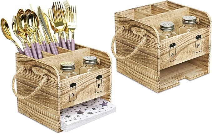 Ikee Design 2 Piece Set Wooden Utensil Caddy with Handles,Includes Free Salt Pepper Shaker,Silverware Caddy for Countertop,Party and Kitchen,Spoon and Fork Holder,Picnic Cutlery Holders,Oak Color