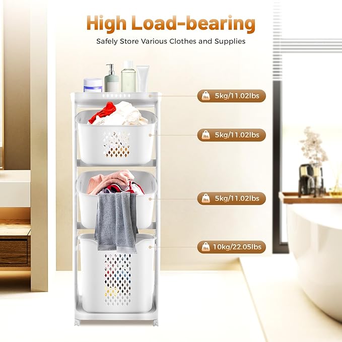 Laundry Hamper Basket Sorter, 3-Tier PP Laundry Sorter Cart with 4 Wheels, 16.92x12.99x42.91in Removable Rolling Laundry Baskets, Practical Handle, Porous Design, 1 Large and 2 Small Baskets, White