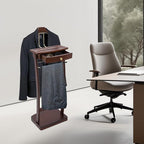 Wooden Freestanding Clothes Stand with Sturdy Base, Multi-functional Suit Valet Stand, Coat Rack with Top Drawer, Tie Hangers, and Storage Compartments for Office, Bedroom, Living Room (Walnut Color)