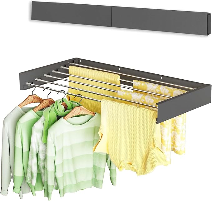Wall Mounted Clothes Drying Rack 40", Foldable Wall Mount Laundry Rack Folding Indoor, Drying Rack Clothing Collapsible, Hidden Space Saver with Wall Template, 6 Rods, Black
