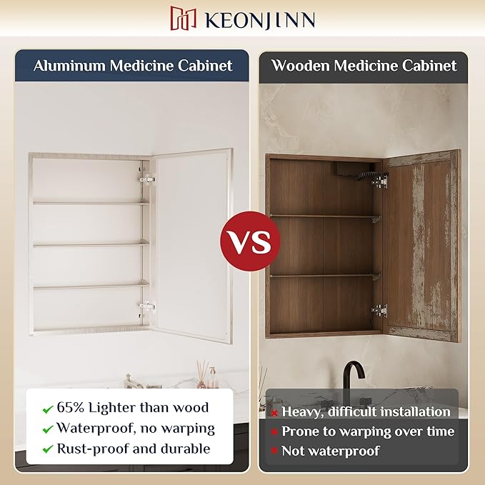 Keonjinn Brushed Nickel Medicine Cabinet Mirror 24" x 32", Assembly Needed, Recessed Medicine Cabinet with Mirror for Bathroom, Beveled Framed, Surface Wall-Mounted or Recessed, Tempered Glass