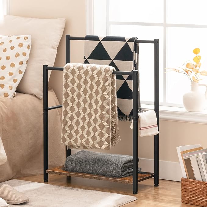 HOOBRO Free Standing Towel Rack for Bathroom, 22" L x 9.4" W x 31.5" H, 2 Tier Blanket Rack, Blanket Holder, Drying and Display Rack with Shelf, Rustic Brown and Black BF04LB01