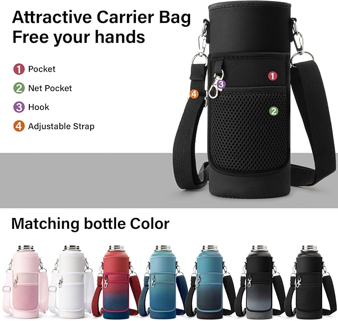 40 oz Insulated Water Bottle | Thickened Stainless Steel Vacuum Metal | Portable Sports Water Jug for Gym and Hiking with Straw, Carrier Bag, Handle Strap | BPA-Free 40 oz, Black