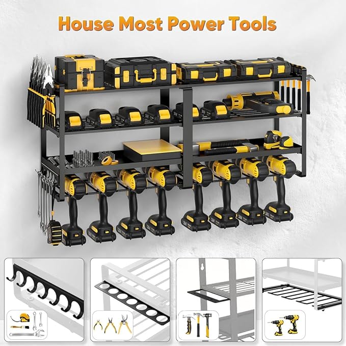 32" W Large Power Tool Organizer Wall Mount, 4 Tiers Heavy Duty Metal Garage Storage Racks, Drill Hanger Storage Rack with 8 Drills Holder, Utility Racks for Garage Workshop