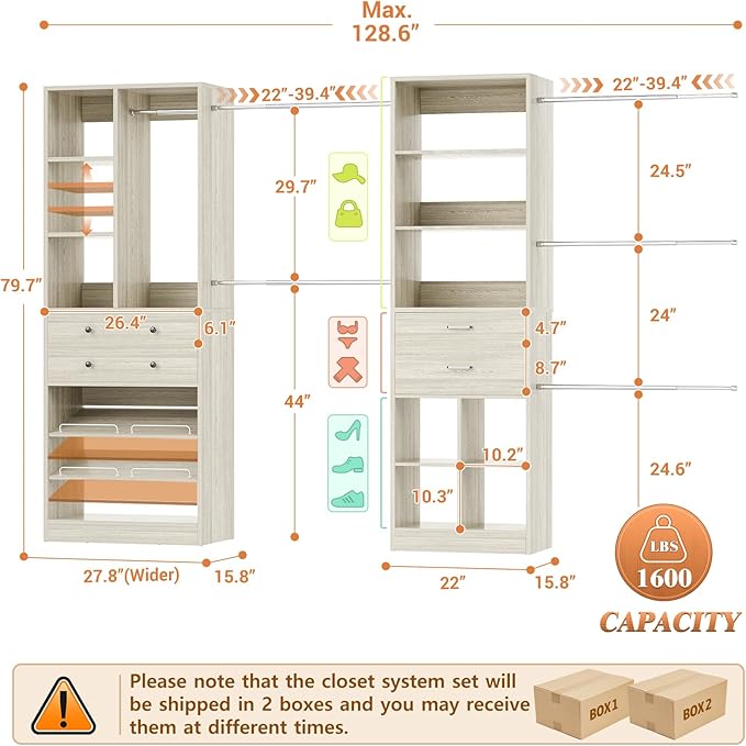Closet System, Up to 128.6"/10.7 FT Closet Organizer with 4 Wooden Drawers and Shelves, Walk-in Closet System with 6 Hanging Rods, Built-in Closet Can Fit 96"/8FT, 120"/10FT, Greige Oak