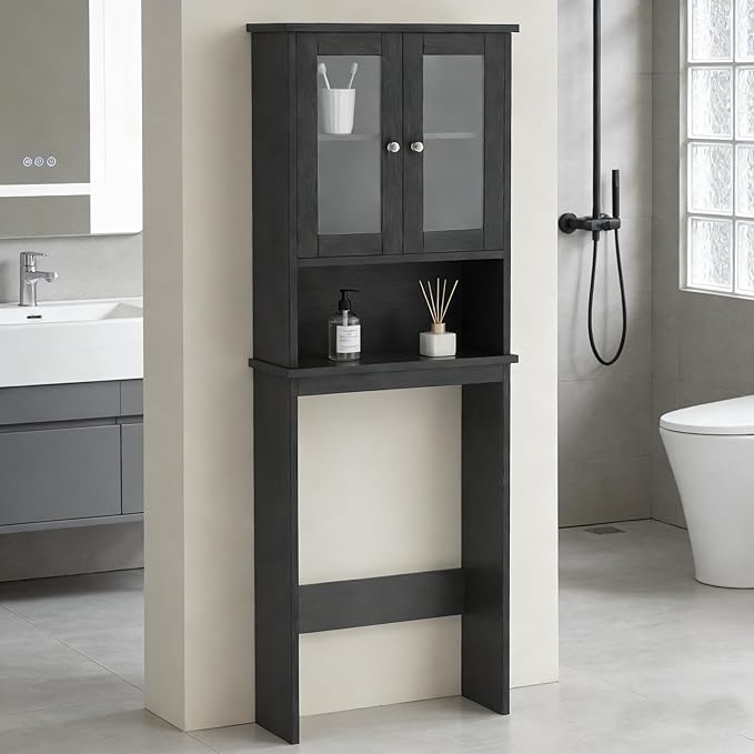 Nuturelly Over The Toilet Storage Cabinet, Bathroom Storage Organizer with Adjustable Shelves and Double Glass Doors, Freestanding Above Toilet Storage with Open Shelf, Wooden Toilet Rack(Black)