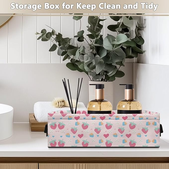 Storage Bin Organizer Collapsible Fabric Basket for Bathroom Kitchen Office Home Storage with Handles for Easy Carrying 13.89 x 7.13 x 4.37 Inch, Strawberry Love Flower Pink