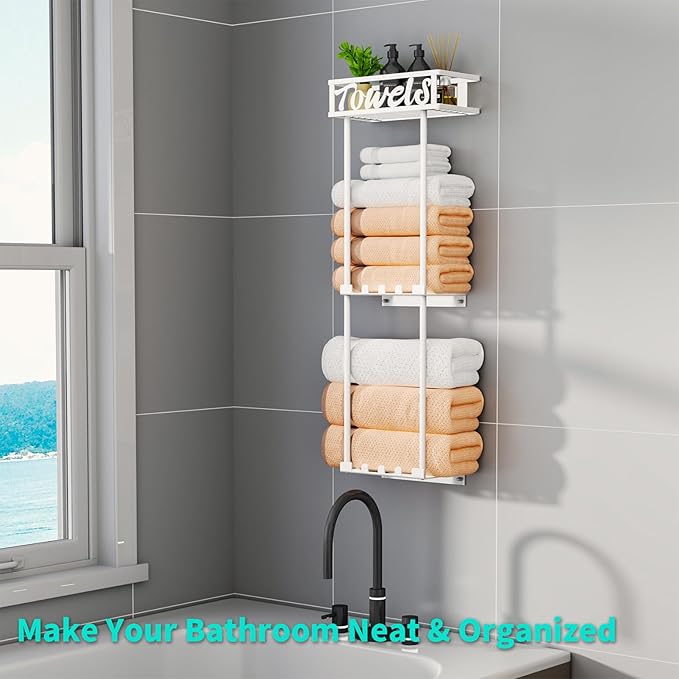 HapiRm Towel Rack Bathroom Storage - 3 Tier Over The Door & Wall Mounted Rolled Towel Racks Holder Organizer with Metal Shelf and 6 Hooks for Small Bathroom, Camper, Rv - White