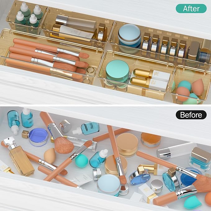 WOWBOX 9 Pack Clear Drawer Organizer Set, Acrylic Drawer Storage Trays, Storage Bins for Makeup, Cosmetics, Jewelries, Utensils, Gadgets, Office, Champagne