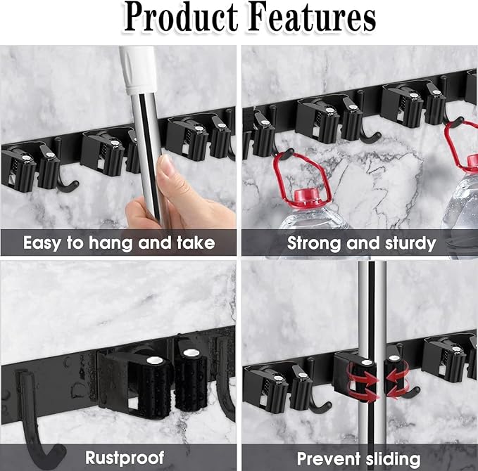 Black 5 Racks and 4 Hooks Mop and Broom Holder Wall Mount, Broom Organizer Storage Tool Racks Stainless Steel Heavy Duty Hooks Self Adhesive Solid Non-slip for Home Kitchen Garden Laundry Garage