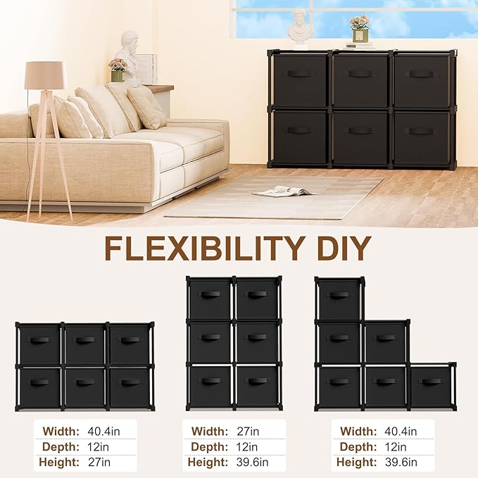 6 Cube Storage Organizer with Shelf Back to School Boxes 11 Inch Toy Storage Bins Closet Organizers Drawers Fabric Dresser for Playroom Books Bedroom Dorm Kitchen (Black)