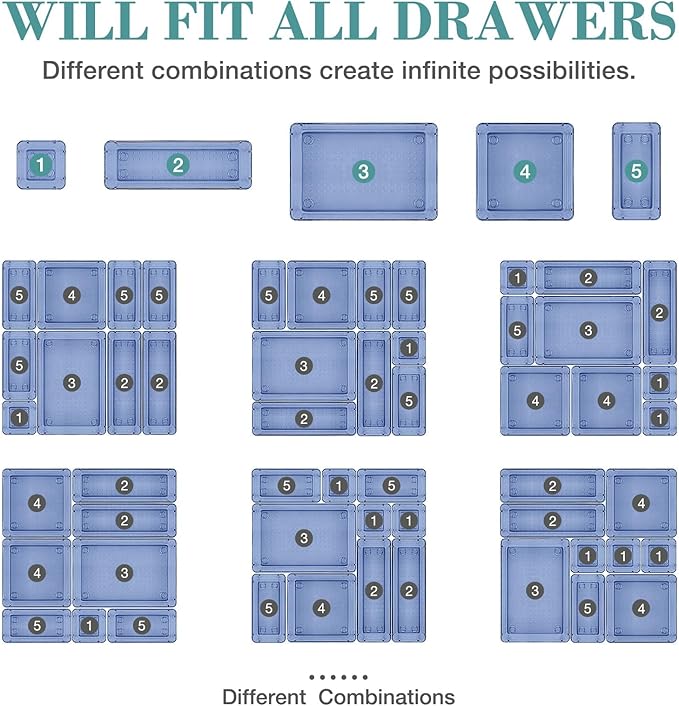 23 PCS Drawer Organizer Set, 5 Varied Size Bathroom and kitchen Drawer cabinet organizer Trays, Clear Storage Bins for Makeup, Jewelry, Utensils and Gadgets, Dark Blue