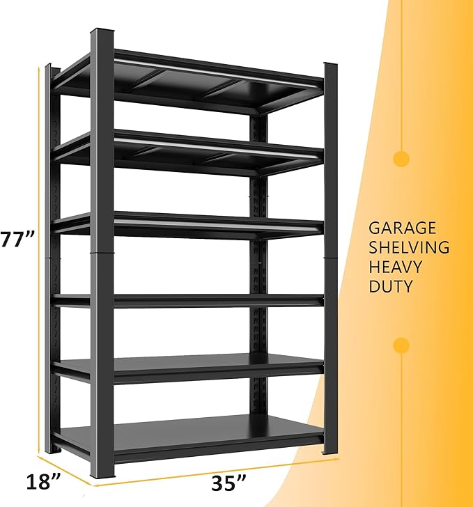 36" W*18" D 6-Tier Garage Storage Shelves, Metal Shelving Unit Heavy Duty Adjustable, 3000lbs Capacity, Utility Storage Rack Organizer for Garage, Basement, Pantry & Warehouse, Black, 77" H