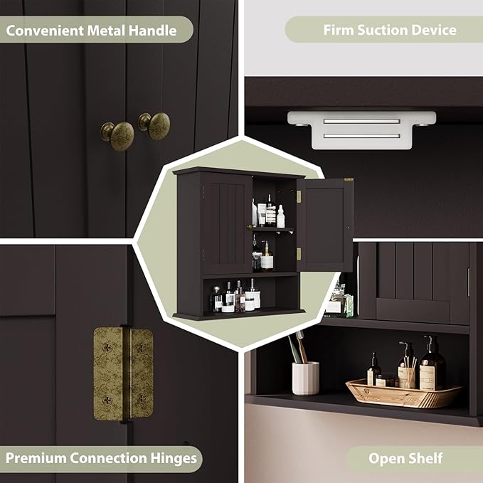 Smuxee Brown Bathroom Cabinet Wall Mounted, Small Medicine Cabinet with 2 Door Adjustable Shelves, Wall Cabinet Over Toilet for Laundry Room Kitchen