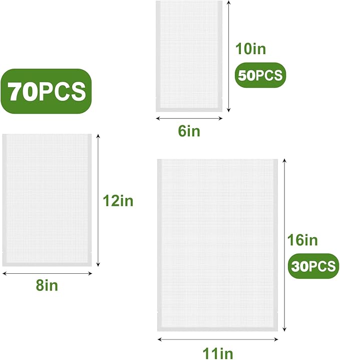 [2025 Upgraded]Moretoes Vacuum Sealer Bags, 30 Gallon 11"x 16"and 70 Quart 8"x 12"and 50Pint 6"x 10"Food Saver Bags BPA Free, Pre-cut Commercial Grade Vac Bags for Food Storage, Meal Prep or Sous Vide