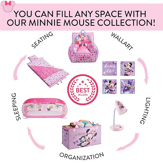 Disney Minnie Mouse Pop-Up Hamper,“Oh So Happy” Design, 21”H x 13.5”W x 13.5”L, Durable & Collapsible Laundry Basket with Carry Handles for Kids Room