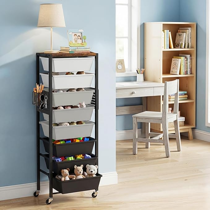 Rolling Cart with Drawers, Rolling Storage Cart with Large Plastic Drawers & Wooden Tabletop, Utility Cart with Pegboards & Basket, Storage Drawers Cart for Living Room, Classroom, Bedroom, Office