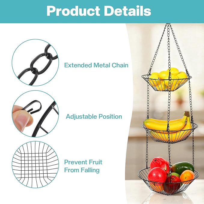 3 Tier Hanging Fruit Basket with Banana Hook, 34-Inch Heavy-Duty Wire Hanging Basket, Wire Vegetable Produce Organizer with Installation Bracket for Kitchen Storage Potato Vegetable