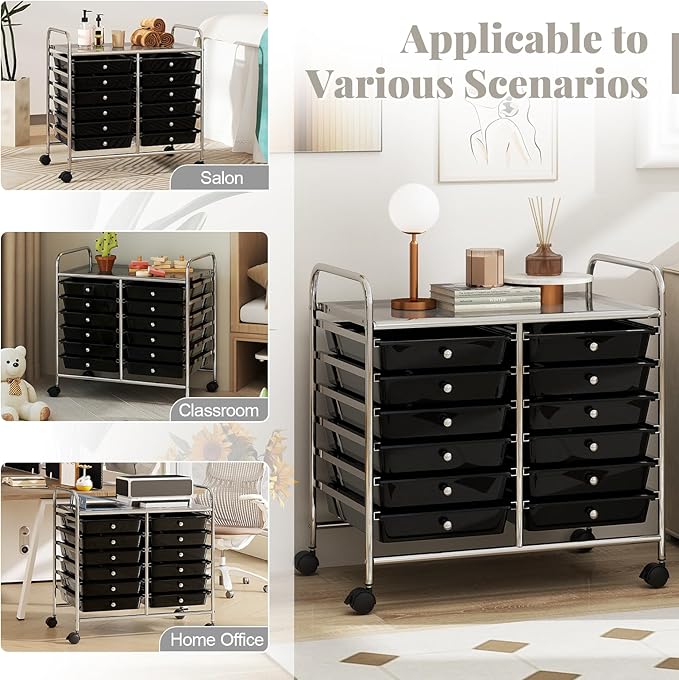 COSTWAY 12-Drawer Rolling Storage Cart, Utility Storage Organizer Cart for Tools, Scrapbook, Paper, Craft, Multipurpose Art Supply Organizer on Wheels for Home Office School, Teacher, Black