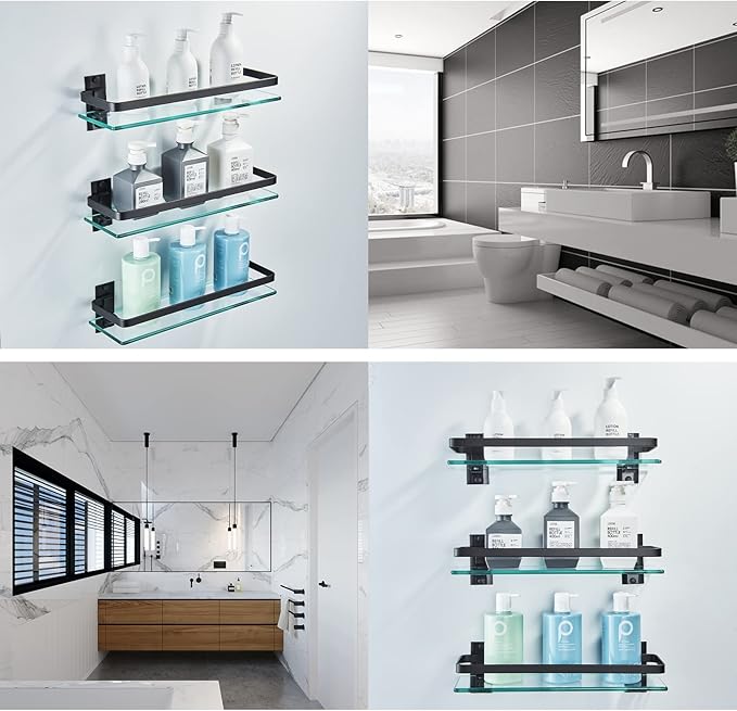 AIJALY 3 Pack Bathroom Glass Shelf,Aluminum Tempered Glass 0.34in Extra Thick Rectangular 1 Tier Storage Organizer Wall Mount,Black 15.7in