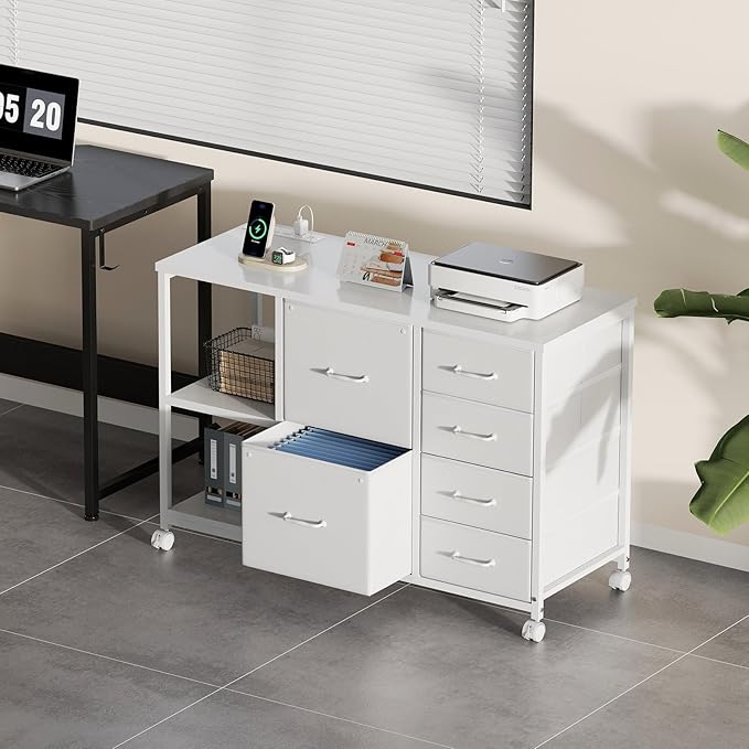 6 Drawer File Cabinet with Charging Station Rolling Printer Stand with Open Storage Shelf Fabric Lateral Filing Cabinet for Home Office,White