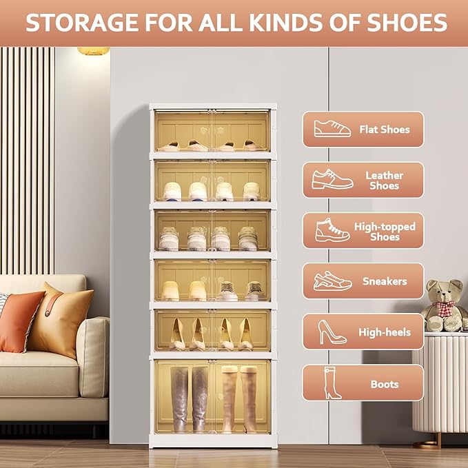 Foldable Shoe Rack Organize 6 Tier Plastic Shoe Shelf, 12 Pairs Collapsible Shoes Storage Bins, Large Folding Shoe Boxes for Closet with Doors, Stackable Storage Shoe Cabinet