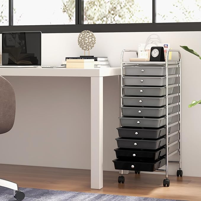 GOFLAME 10-Drawer Rolling Storage Drawer Cart, Utility Cart with Removable Drawers & Metal Frame, Mobile Art Craft Drawer Cart with Lockable Wheels for Home, Office, Studio, School, Gray Gradient