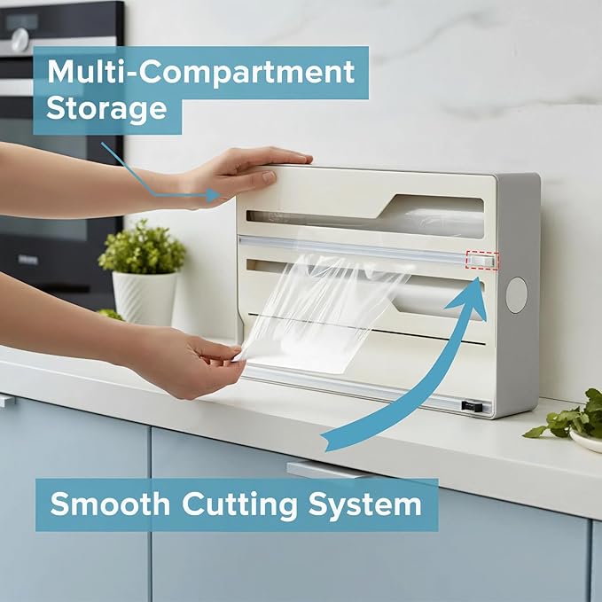 Li & Zhao Plastic Wrap Dispenser with Cutter - 3 in 1 Wrap Organizer with Cutter Foil and Plastic Wrap Organizer Baggie Organizer for Drawer Aluminum Foil Organizer Kitchen Wrap Organizer for 12" Roll