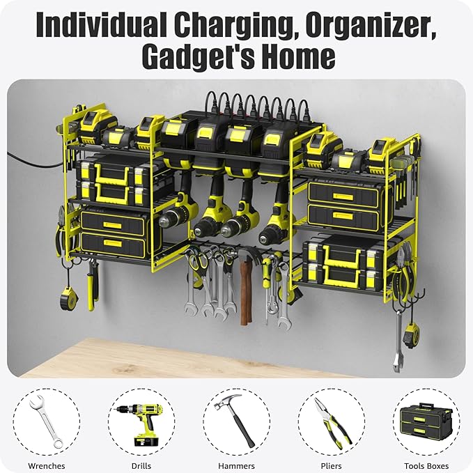 CCCEI Green Power Tool Organizer Wall Mount, Large Tools and Battery Storage Rack Charging Station Individual Switches. Drills Holder, Garage Utility Shelves with 6FT Power Strip. Gift for Men.
