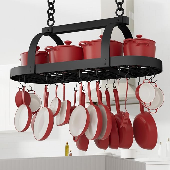 KES 48 Inch Large Hanging Pot Rack, Heavy Duty Oval Pot and Pan Hanging Rack Ceiling Mount, Pot Pan Hangers for Kitchen with 20 Hooks, Matte Black, (For 16" and 24" Joist Mount), KUR225S122-BK