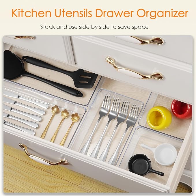Criusia Drawer Organizer, 10 Pack Large Clear Plastic Set, 3 Size Versatile Bathroom and Vanity Organizer Trays, Storage Bins for Makeup, Bedroom, Kitchen Utensils