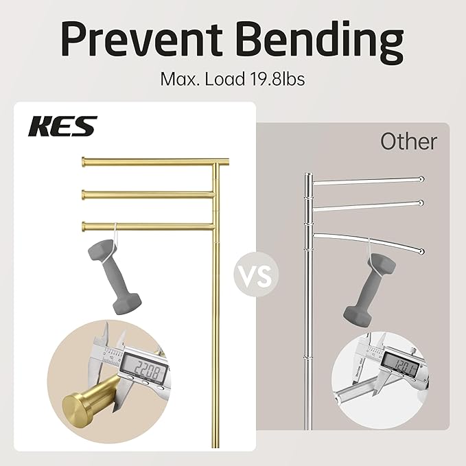 KES Brushed Gold 40-Inch Freestanding Towel Racks for Bathroom with Weighted Natural Marble Base, 3 Swivel Arms Bath Floor Free Standing Towel Racks, 18/8 Stainless Steel, BTH219-BZ