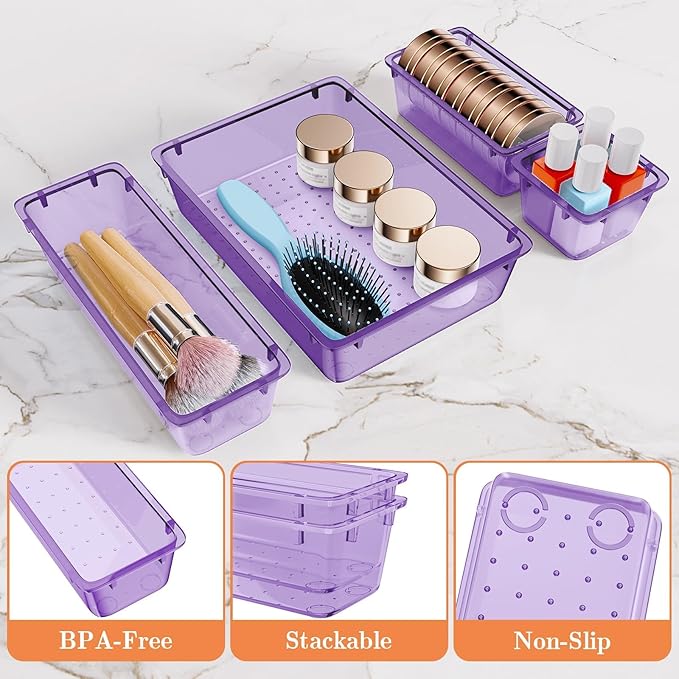 25 PCS Plastic Drawer Organizer Set, 4-Size Versatile Organizer Trays & storage Bins for Makeup, Jewelry, and Gadgets in Bathroom, Bedroom and Office,Clear Purple
