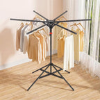 4-Leg Clothes Drying Rack with 6 Adjustable Poles, 20 Windproof Hooks and 2 Sock Clips Foldable Laundry Drying Rack, Space-Saving Indoor/Outdoor Clothes No-Installation Drying Stand, Black