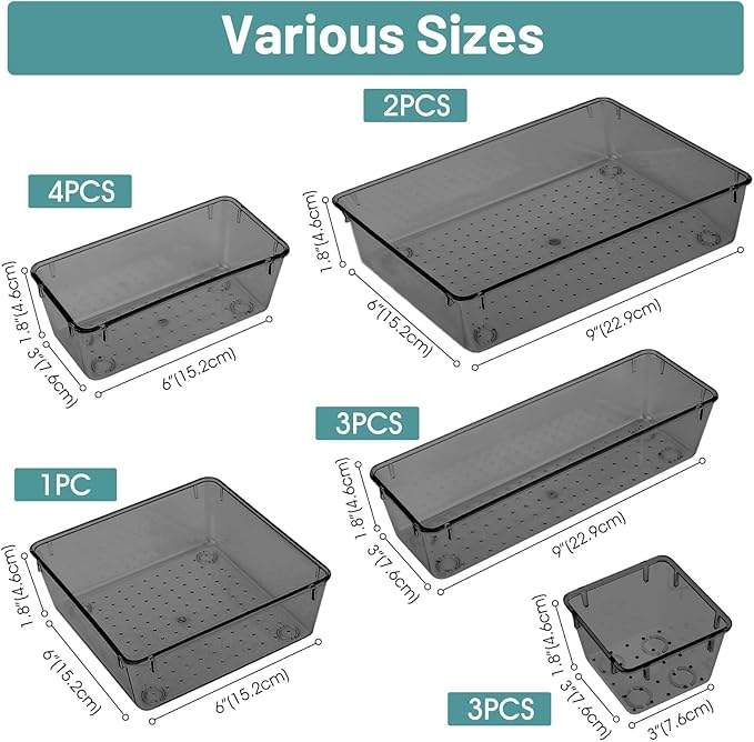 WOWBOX 13 PCS Plastic Drawer Organizer Set, Desk Drawer Divider Organizers and Storage Bins for Makeup, Jewelry, Gadgets for Kitchen, Bedroom, Bathroom, Office, Black
