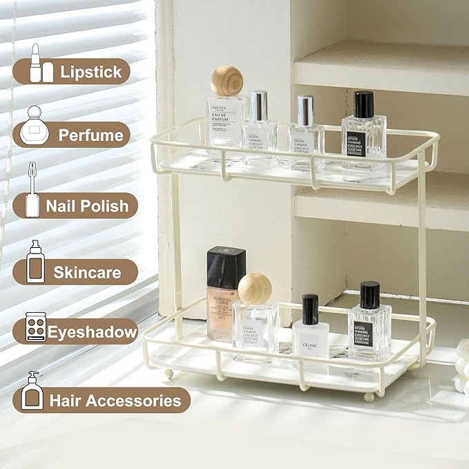 Bathroom Organizer Countertop Perfume Organizer Makeup Organizer Cosmetics Storage Display Rack Vanity Tray Dresser Stainless Steel Gold Shelf White Marble Ceramic Tray (2 Tier L-Cream)