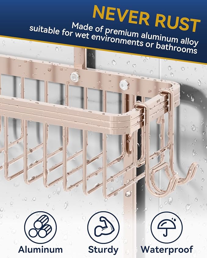 YASONIC Shower Caddy Hanging, Never Rust Shower Organizer Hanging, Aluminum Shower Racks for Inside Shower with Hooks for Razor, Bathroom Organizers and Storage with Soap Holder, Rose Gold