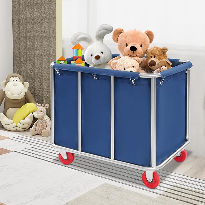 Commercial Laundry Cart with Wheels, 260LBS Laundry Cart Stainless Steel Rolling Laundry Hamper, Laundry Sorter Rolling Cart with Removable Oxford Cloth Bag for Hotel, Home, Hospital (Blue)