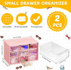 Wenqik 2 Pcs Mini Storage Drawers Teacher Toolbox Organizer with 9 Clear Drawers Small Plastic Desktop Teacher Desk Craft Organizer for Classroom Office 7" x 3. 9" x 4. 7"(Pink)