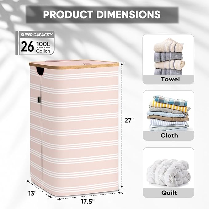 BALEINE Laundry Hamper with Lid, Tall Laundry Baskets with Bamboo Pull Handles, Large Laundry Bin with Internal Support (26 Gal/100L, Pink Pinstripe)